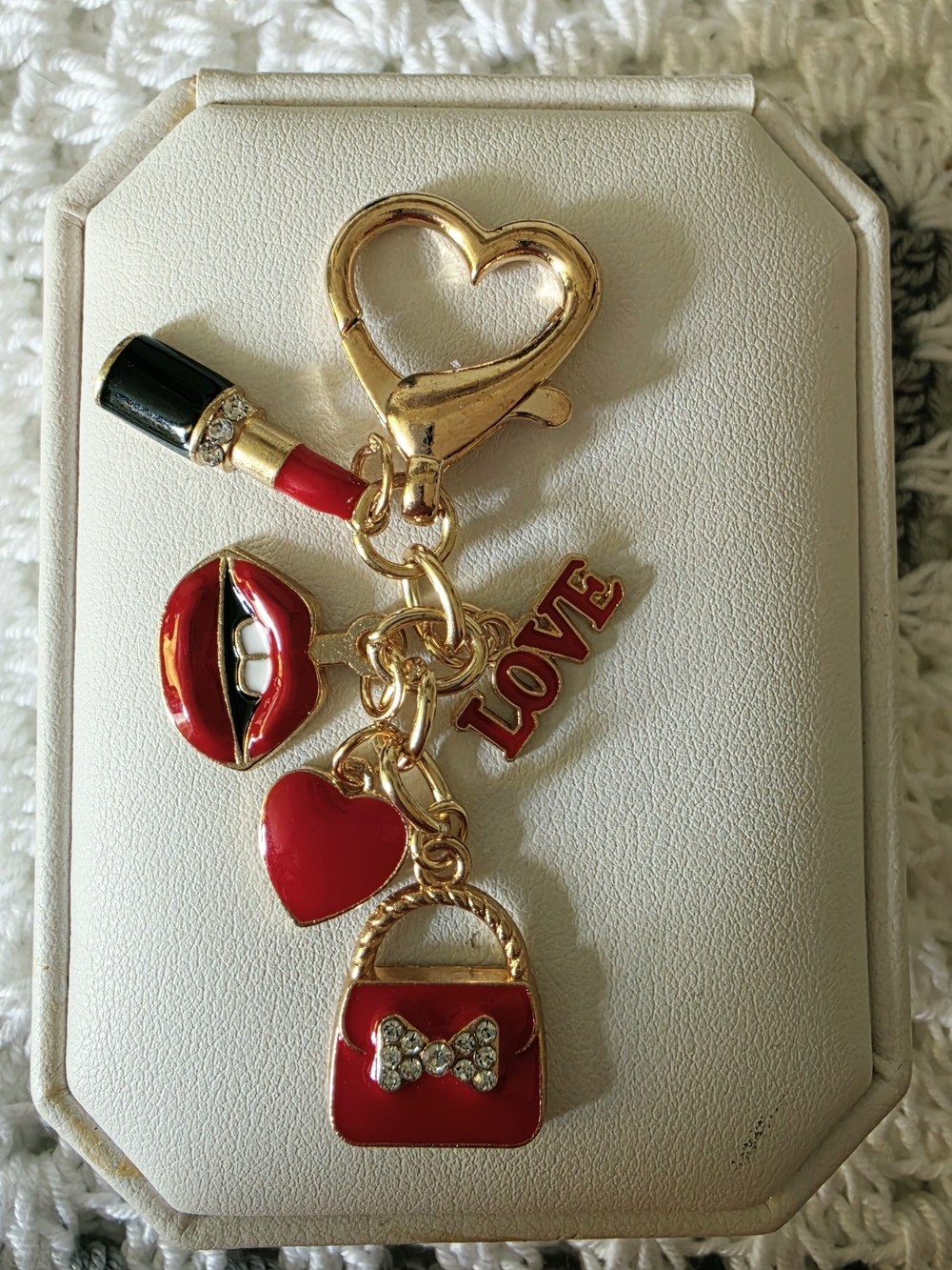 Gold-Tone Red Lipstick & Purse Charm Keychain - LOVE